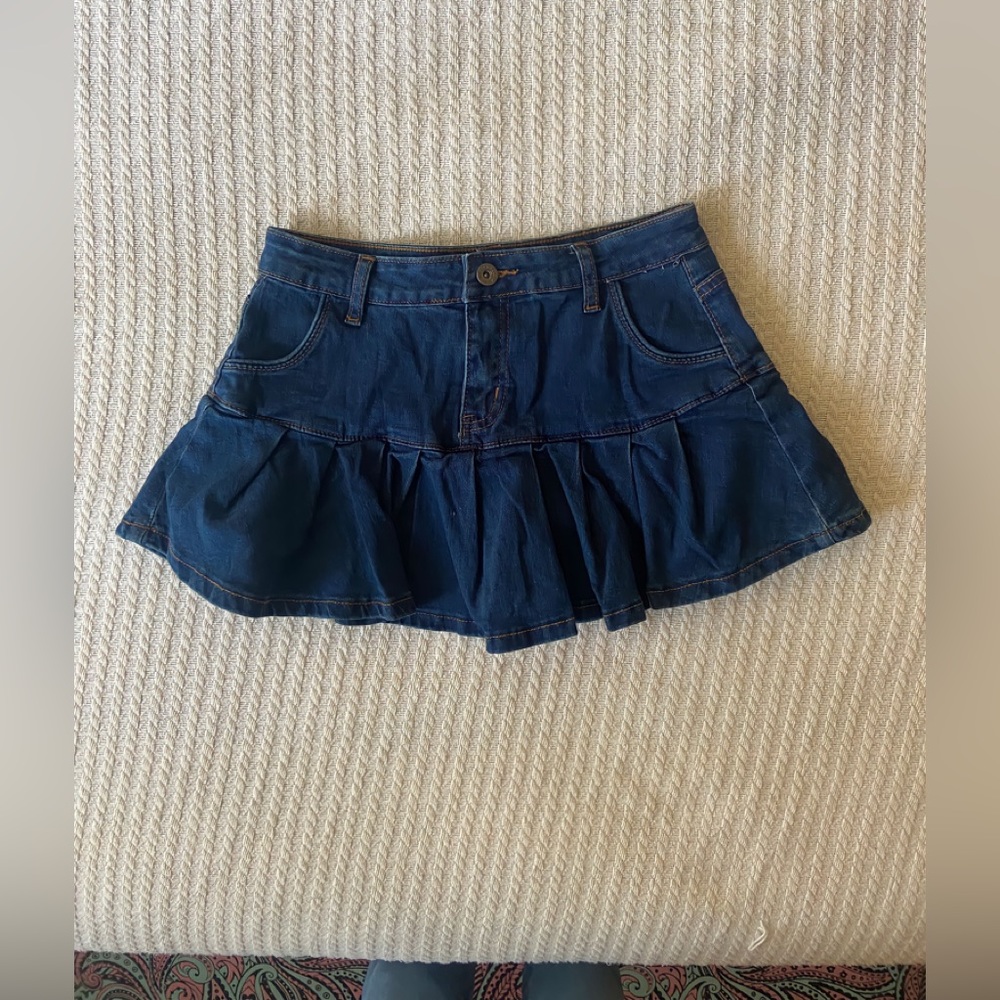 low rise denim mini skirt